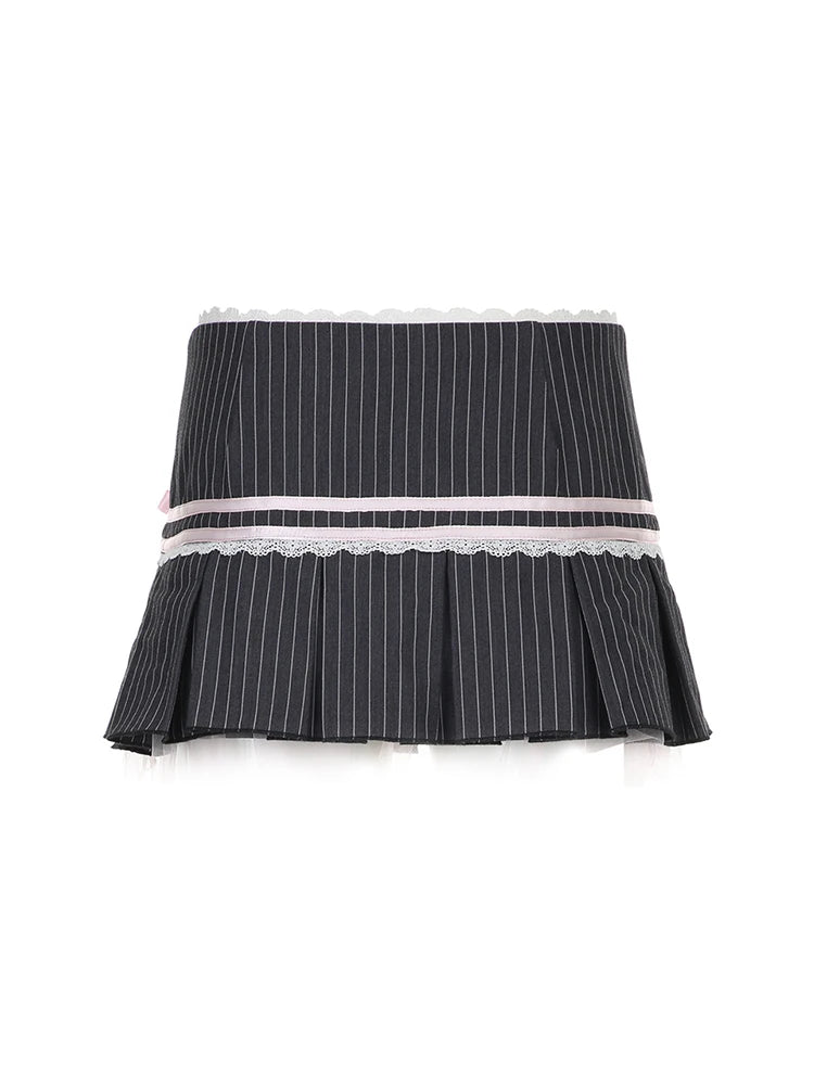 Minifalda plisada Y2K con lazo de encaje en contraste y rayas para mujer, con botones, cintura baja, corte A, estilo ballet, estilo preppy, estilo kawaii.
