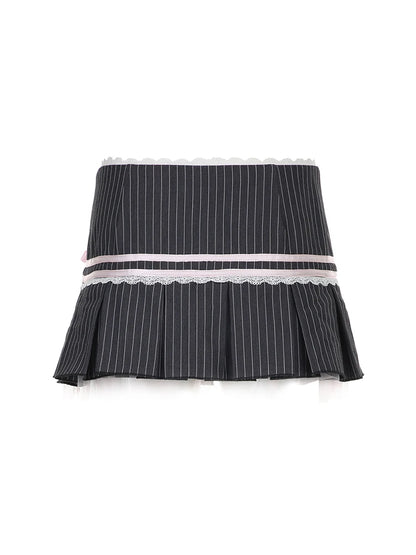 Minifalda plisada Y2K con lazo de encaje en contraste y rayas para mujer, con botones, cintura baja, corte A, estilo ballet, estilo preppy, estilo kawaii.
