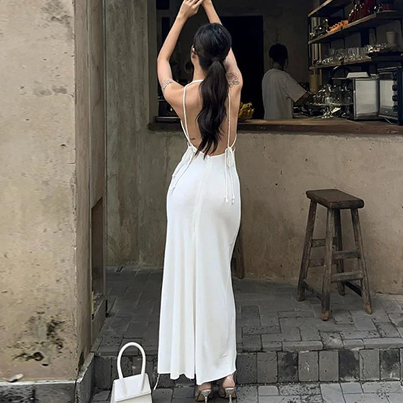 Vestido largo de verano para mujer, sexy, de color liso, con tirantes finos, sin mangas, con lazo, sin espalda, para fiesta y club, Y2K