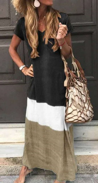 Vestidos largos casuales sueltos con colores contrastantes para mujer, moda de verano, cuello en V, mangas cortas, vestido maxi para mujer, vestidos para ir al trabajo, nuevos
