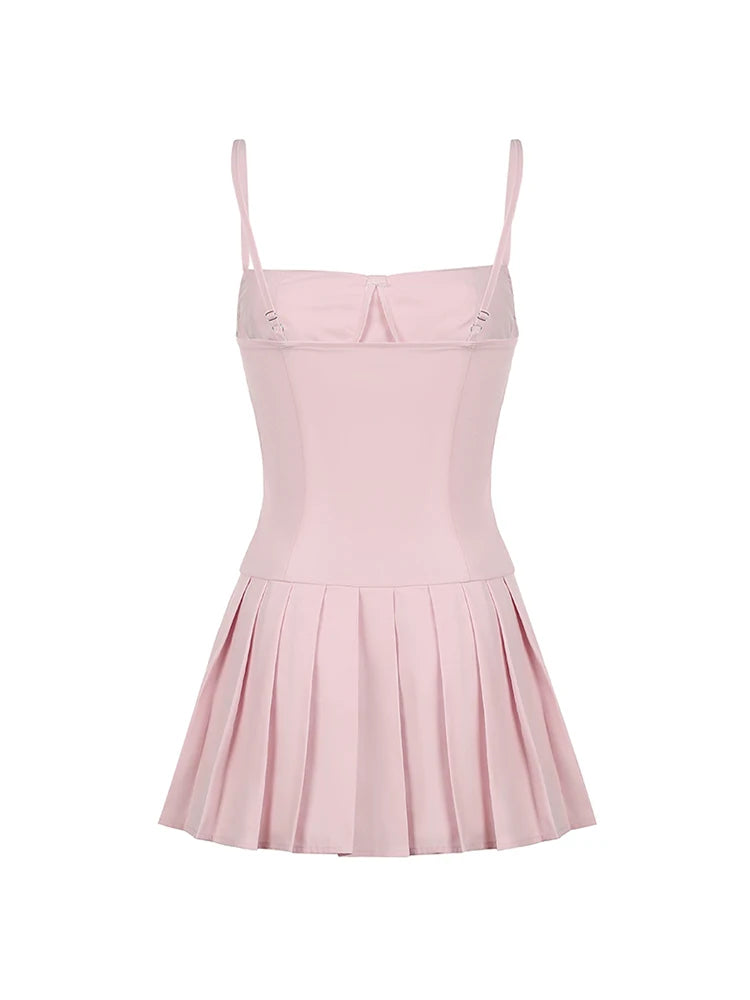 Vestidos plisados con tirantes finos, ajustados, sin mangas y acampanados para mujer, estilo dulce, ropa de verano