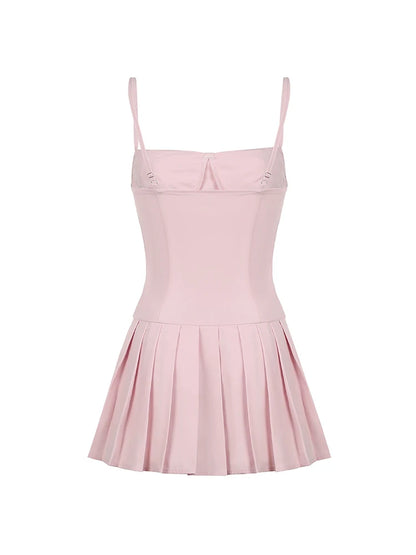 Vestidos plisados con tirantes finos, ajustados, sin mangas y acampanados para mujer, estilo dulce, ropa de verano