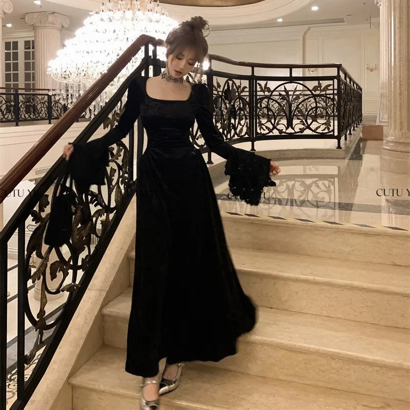 Vestidos largos de terciopelo Y2K para mujer, con mangas acampanadas, cuello cuadrado, cintura estrecha, corte en A, para fiesta de noche y graduación, para otoño e invierno