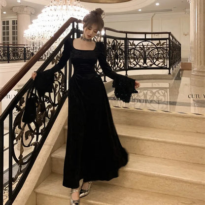 Vestidos largos de terciopelo Y2K para mujer, con mangas acampanadas, cuello cuadrado, cintura estrecha, corte en A, para fiesta de noche y graduación, para otoño e invierno