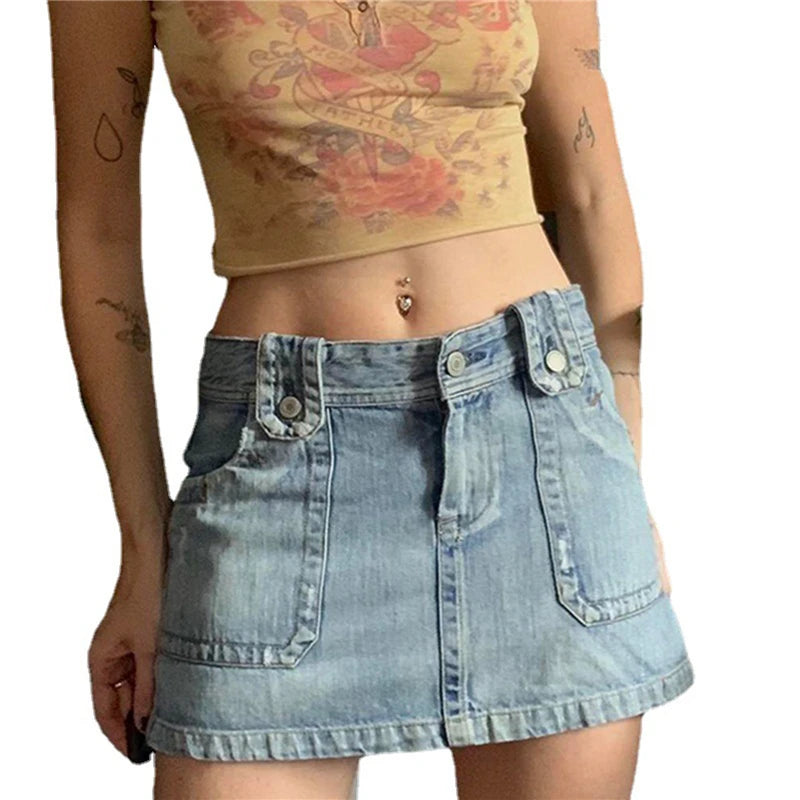 2000s Aesthetic Denim Skirt y2k Women Grunge Harajuku Short Mini Jeans Skirt with Pockets Korean Fashion Streetwear