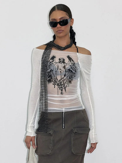 Fashion Knitted Mesh Character Print Graphic T Shirts Casual One-Piece Neckline Long Sleeve Women Clothes See-Through Y2k Top