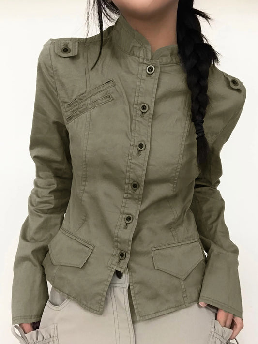 Chaquetas cargo ajustadas verdes retro para mujer, con botones, cuello alto, manga larga, moda coreana, otoño
