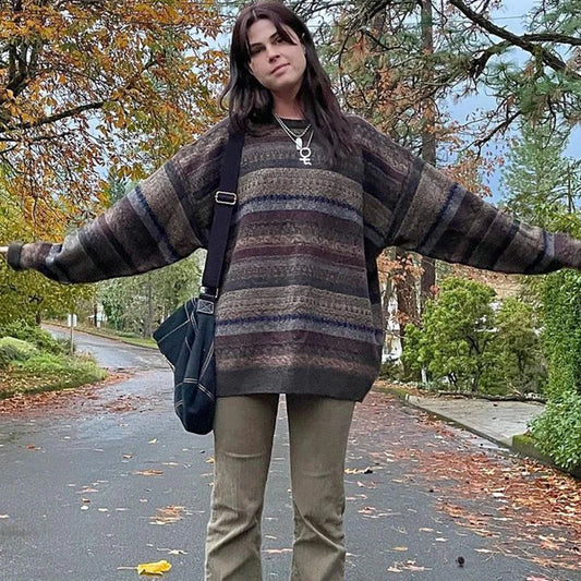 Suéter de punto a rayas retro grunge preppy de otoño, jerséis de cuello redondo y manga larga, estética Fairycore vintage Y2K, jerséis de abuelo
