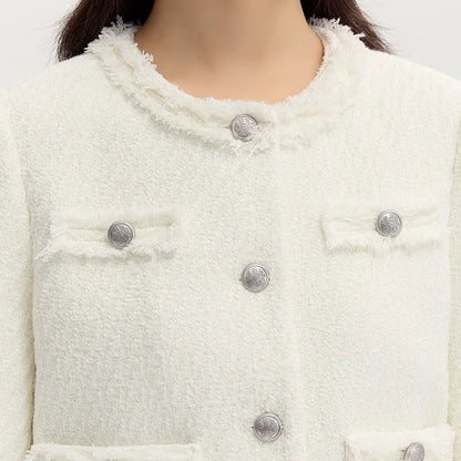 Abrigo de mujer de manga corta con hombreras y borlas, elegante, nuevo, estilo pequeño en color carbón, chaqueta ajustada.
