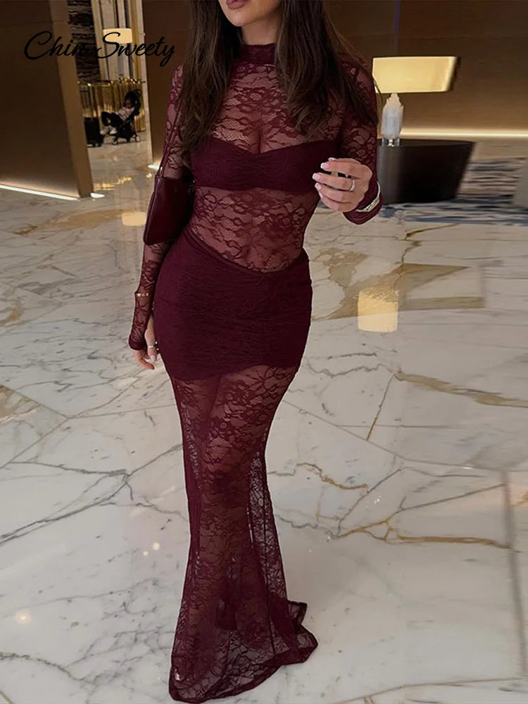 Vestidos largos sexis de encaje con retazos para mujer, vestido de fiesta ajustado con cuello alto y aberturas, vestido transparente ajustado para primavera 2025, nuevo