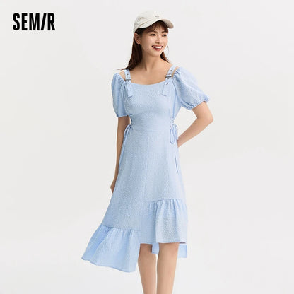 Vestido de mujer con cintura atada, texturizado, elegante y suave, de verano, irregular, con dobladillo con volantes, falda corta con estampado de campanillas, divertido