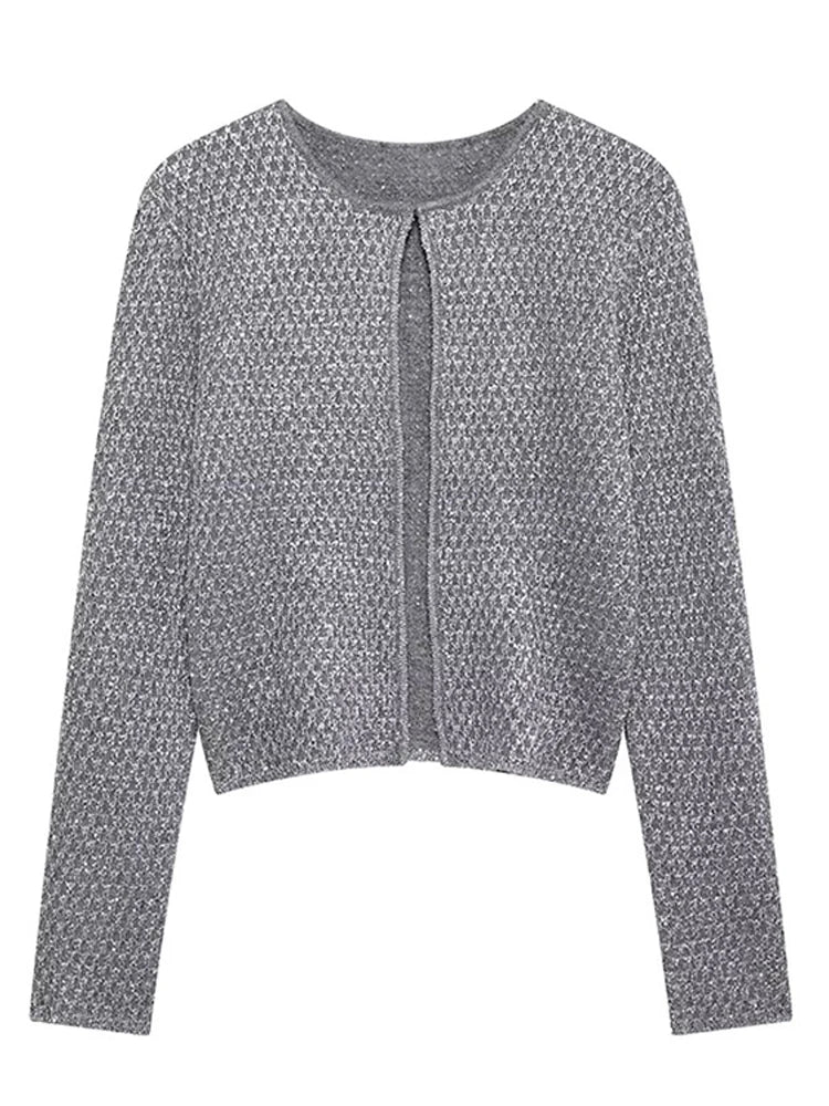 Slim Sequin O Neck Knitted Cardigan Women Long Sleeve Single Breasted One Button Sweater 2025 Spring Lady New Commute Knitwear