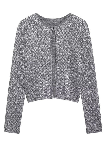 Slim Sequin O Neck Knitted Cardigan Women Long Sleeve Single Breasted One Button Sweater 2025 Spring Lady New Commute Knitwear