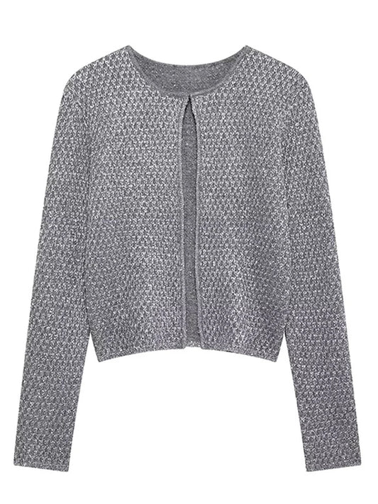 Slim Sequin O Neck Knitted Cardigan Women Long Sleeve Single Breasted One Button Sweater 2025 Spring Lady New Commute Knitwear