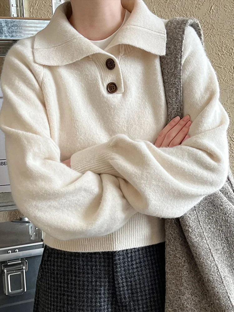 Suéteres casuales de punto liso con solapa para mujer, suéter vintage holgado de manga larga con botones, tops elegantes y chic para otoño