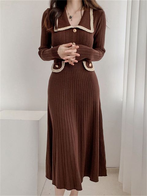 Vestido largo elegante de lujo para mujer, de punto con bolsillos, acanalado, con retazos, de cintura alta, ajustado, para fiesta y otoño.