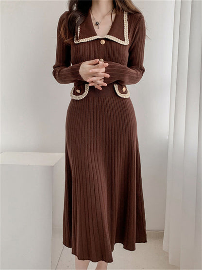 Vestido largo elegante de lujo para mujer, de punto con bolsillos, acanalado, con retazos, de cintura alta, ajustado, para fiesta y otoño.