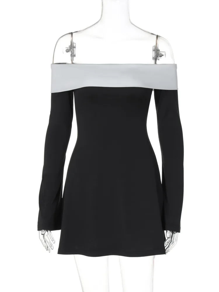 Vestido mini de manga larga con hombros descubiertos para mujer, otoño invierno, nuevo, de patchwork, sin tirantes, espalda descubierta, corte en A, sexy, elegante.