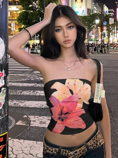 Top sexy con estampado floral, corto, sin tirantes, de una pieza, sin mangas, ajustado, de moda, para mujer, top informal sin cuello, sujetador Y2k