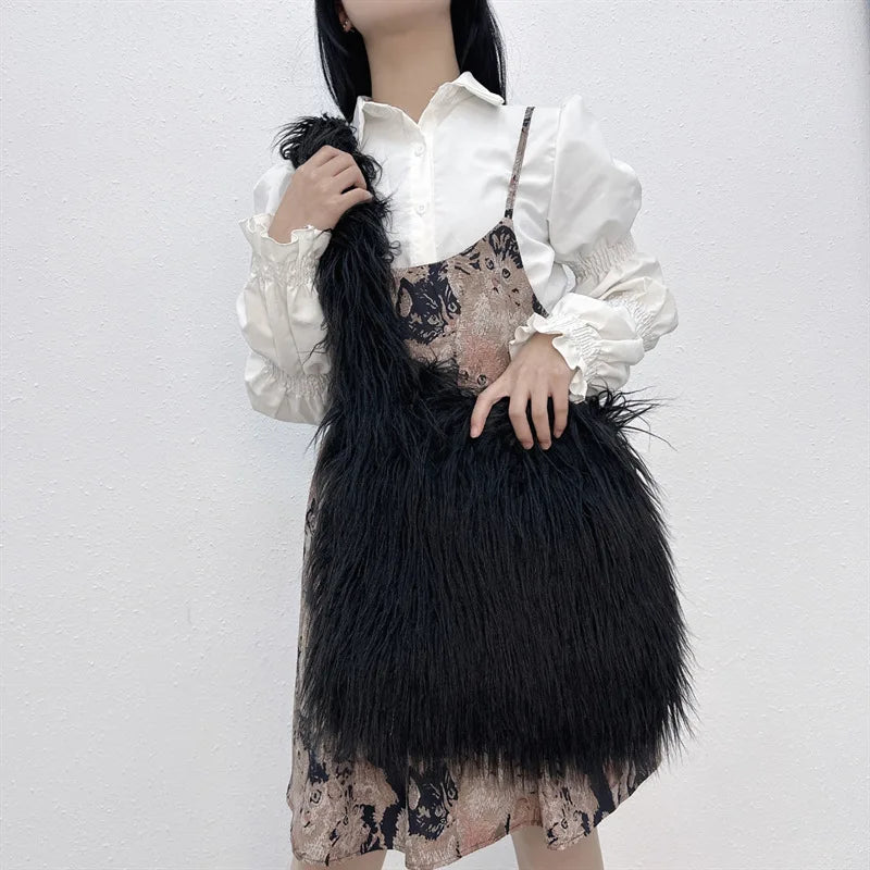 Bolso bandolera de gran capacidad con pelo sintético de oveja de Mongolia para mujer, estilo Y2K, estilo Harajuku, esponjoso y peludo.