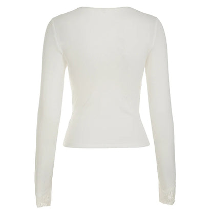 Camiseta de mujer con escote en V y ribete de encaje liso y dulce, de manga larga, estilo ballet, ajustada, de otoño, moderna, básica, combina con todo.