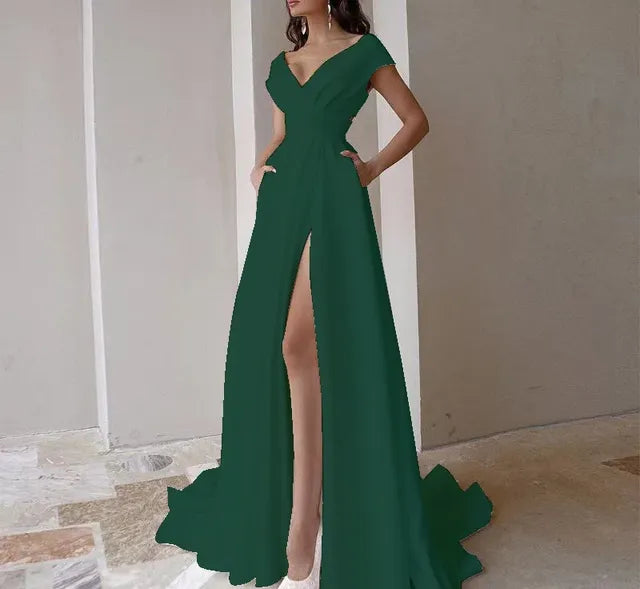 V-neck Ruffled Elegant Party Dresses 2025 Long Evening Dress High Waist Slit Sleeveless Sexy Irregular Formal Dresses for Women
