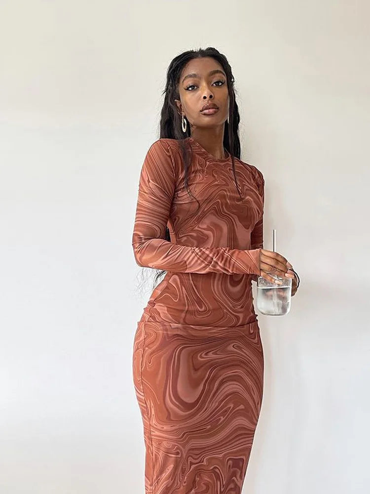 Vestidos largos ajustados para mujer, traje de una pieza para club, ropa de fiesta de noche, cuello redondo, media pantorrilla, vestidos sexis De mujer, ropa de calle