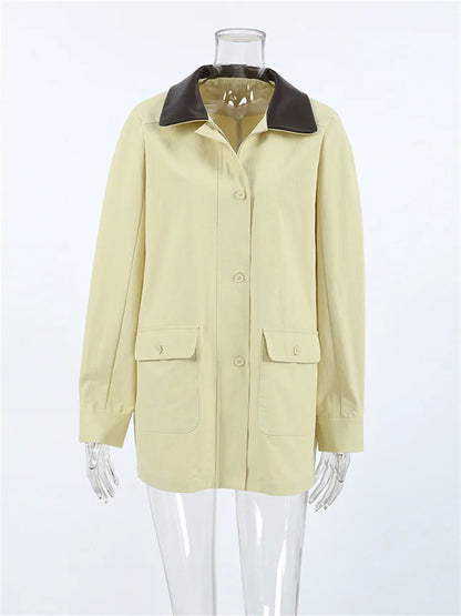 Fashion Pocket Trench Outwear For Women Patchwork Autumn Cardigan Vintage Lapel Loose High Waist Coat Women’s Overcoat New