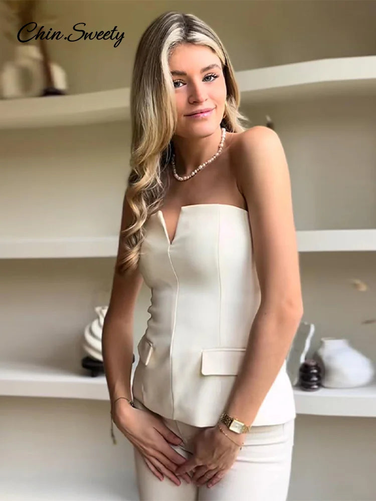 Elegante top corto con hombros descubiertos para mujer, liso, sin espalda, con cremallera, tipo tubo, para oficina, verano 2025