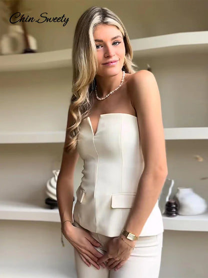 Elegante top corto con hombros descubiertos para mujer, liso, sin espalda, con cremallera, tipo tubo, para oficina, verano 2025