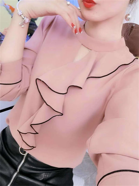 Blusas de gasa estilo primavera-verano para mujer, informales, de manga larga, con volantes y cuello alto, DF3148