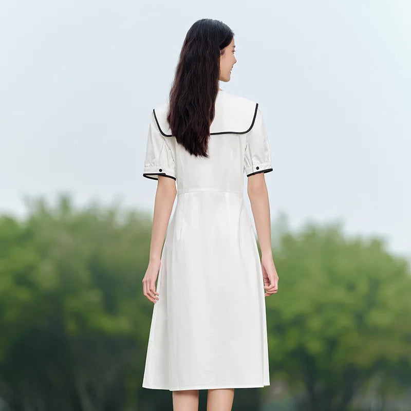 Vestido de mujer de algodón puro con mangas abullonadas, nuevo vestido de verano con bloques de color, solapa grande y largo medio, estilo universitario.