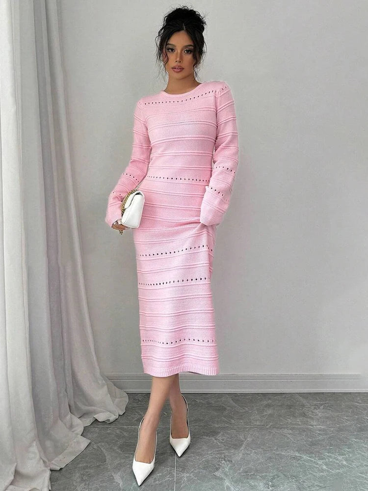 Striped Hollow Two-Wear Knitted Long Dress For Women Fashion Party Club Sweater Dress Vestido FemaleSlim Solid Outfits