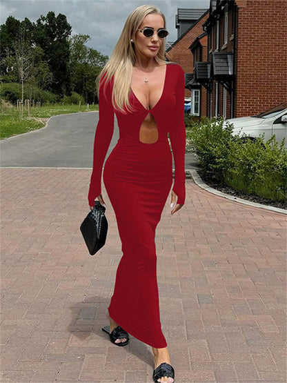 Hollow Out Slim Sexy Maxi Dress For Women V-Neck High Waist Fashion Patchwork Autumn  Party Dress Female Black Dress