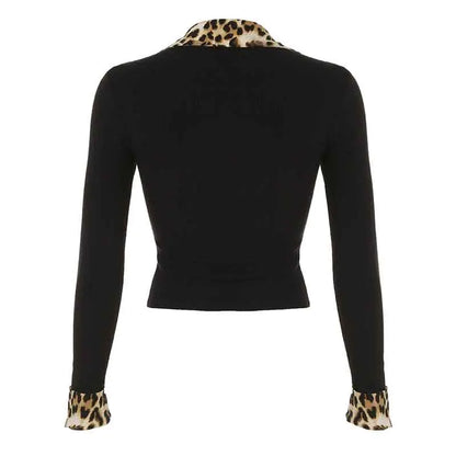 Blusas de manga larga con botones y cuello vuelto de leopardo para mujer, nuevas camisetas básicas y elegantes de punto para otoño