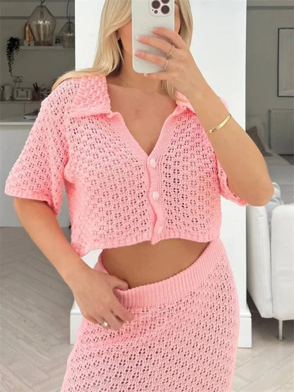 Conjunto de dos piezas de punto calado para mujer, falda larga, top corto, cárdigan y falda larga de cintura alta, ropa femenina