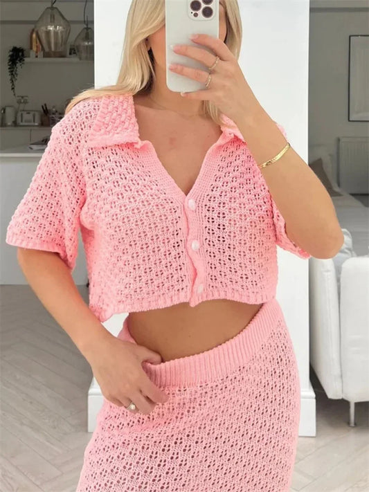 Knit Hollow Out 2 Piece-Set Long Skirt Women’s Cropped Top Cardigan And High Waist Maxi Skirt Outfits Female Clothes