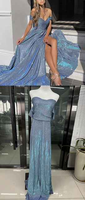 Vestido de fiesta sexy de cintura alta sin espalda con abertura y lentejuelas azules, largo, formal, de noche, elegante, para mujer