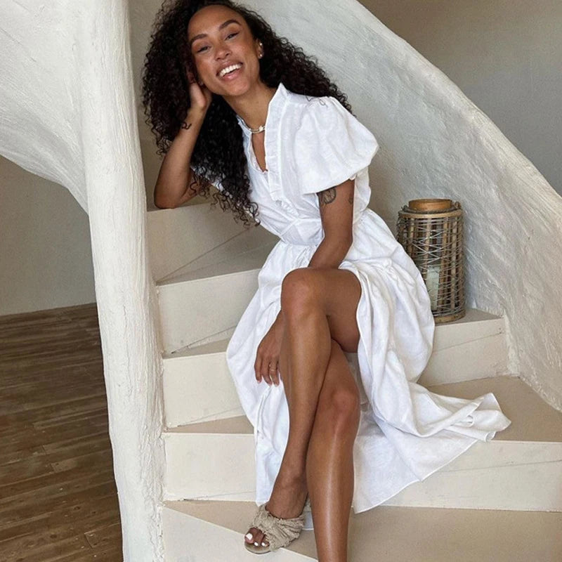 Leisure V-Neck Lace Up White Maxi Dress For Women Solid Color High Waisted Short Sleeves Ruched Patchwork Girdle Dress