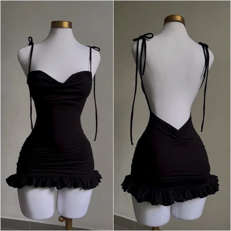 Falda corta de estilo europeo y americano, nueva, de alta gama, estilo Y2K, sexy, con espalda abierta, encaje, ajustada y picante para chica.