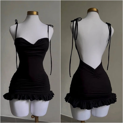 Falda corta de estilo europeo y americano, nueva, de alta gama, estilo Y2K, sexy, con espalda abierta, encaje, ajustada y picante para chica.