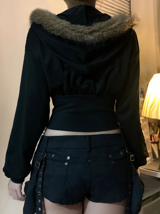 Abrigo de mujer con capucha y cuello falso de corte entallado a la moda, sencillo y básico, con cremallera, de manga larga, para otoño e invierno.