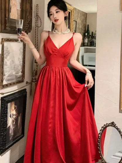 Vestido de fiesta de noche sexy con tirantes finos, escote en V, corte en A, liso, vintage, largo, para mujer, boda, graduación, bata de una pieza