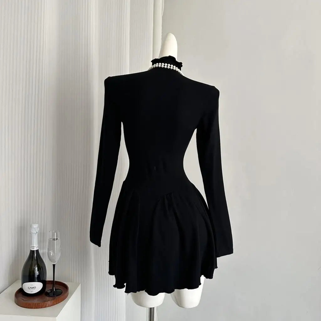 Autumn New Solid Mini Dresses Women Turtleneck Long Sleeve Ruffles A-line Casual Korean Fashion Female Clothing Vestidos Mujer