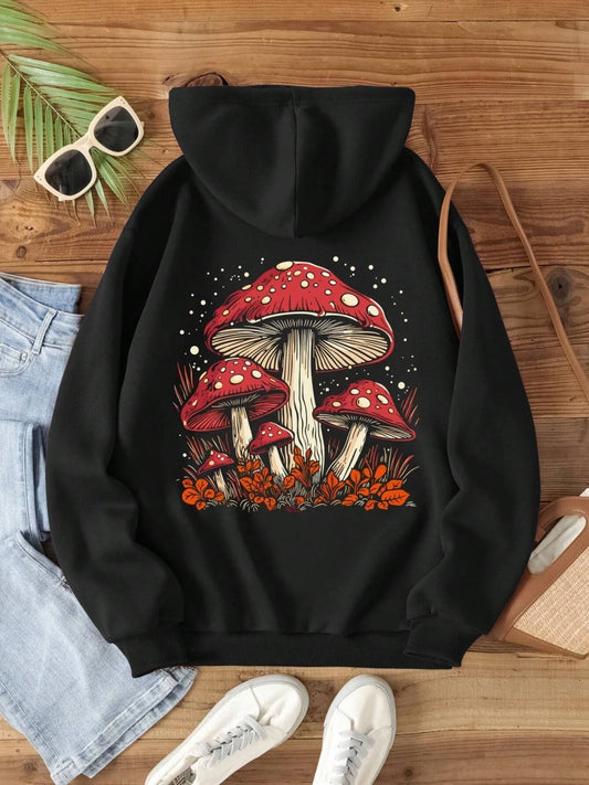 Sudadera con capucha con estampado de seta roja para mujer, estilo Harajuku, informal, de forro polar, cálida, tallas S-XXL, para otoño