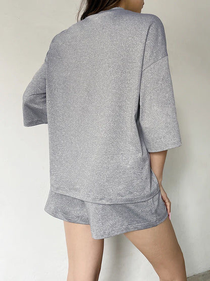 Conjunto de 2 piezas de camiseta y pantalones cortos informales, holgados, básicos, de media manga, color gris liso, con cuello redondo, para mujer, ropa de hogar informal