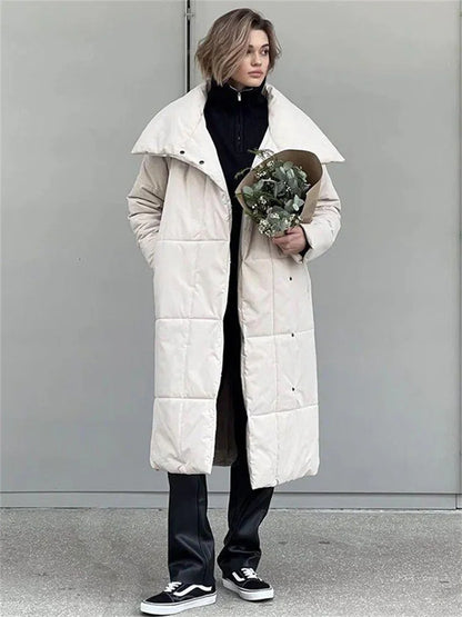 Parkas de invierno para mujer, abrigo holgado con cordones, cintura alta, manga larga, bolsillo, solapa, estilo vendaje, color liso