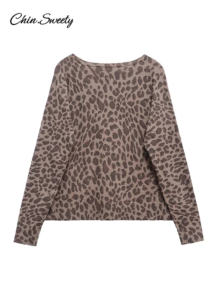 Leopard Knit Pullover Women Casual Loose Round Neck Long Sleeves Sweater Tops 2025 Spring Summer Fashion Lady Y2K Streetwear