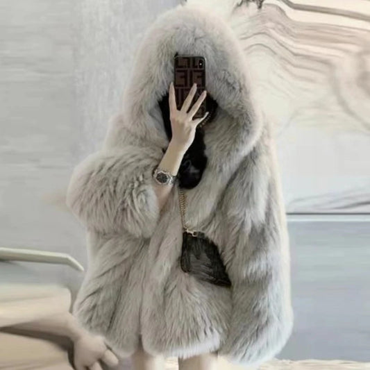 Abrigo de piel sintética de invierno para mujer, con capucha, holgado, de manga larga, chaqueta de piel de lujo de calle, abrigos de moda para mujer, nuevo