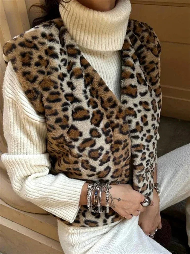 Leopard Printed V-Neck Vestidos Coat Female Contrast Printed Streetwear Cropped Top Loose Autumn Commute Outwear Cardigan